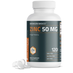 Bronson Zink 50 MG High Potency stöder hudhälsa - Icke-GMO, 120 vegetariska tabletter