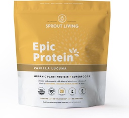Sprout Living Epic Protein, Plant Based Protein & Superfoods Powder, Vanilla Lucuma Powder | 20 Grams Organic Protein Powder, Vegan, Non Dairy, Non-GMO, Gluten Free, Low Sugar (5 pund, 60 portioner)