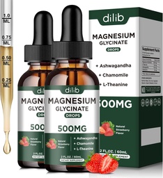 Magnesium Glycinate Liquid Drops Supplement, med Magnesium Glycinate 500mg Ashwagandha, L - Theanine, Chamomile -Support Stress Relief, Bone, Muscle, Mood Strawberry Flavor 2Pack