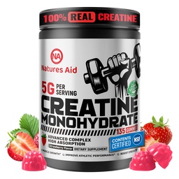 Natures Aid Creatine Monohydrate Gummies (5g) - Pre-Workout Energy & Muscle Growth Support för Män & Kvinnor | Strawberry Electrolyte Gummies (135 greve)