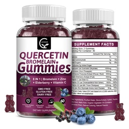 Quercetin Gummies med Bromelain 2378mg - Blend med Elderberry, Echinacea Purpurea Extract, Zink, Vitamin C,D3, K2, Complex stöder Immune, Cardiovascular & Respiratory, Vegan Gummy för vuxen & Kid