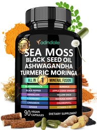 Adndale Sea Moss Black Seed Oil Ashwagandha Ginger Capsules. SeaMoss Capsules med Black Seed Oil, Ashwagandha, Turmeric, Moringa, Bladderwrack, Burdock Root, Manuka Honey, Cinnamon