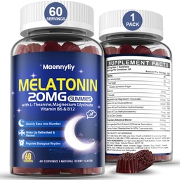 Melatonin 20mg Gummies för vuxna - Sugar Free Melatonin Gummies Extra Styrka med L-Theanine, Magnesium, Ashwagandha, Turmeric, D3 & Zink - Non-Habit Forming