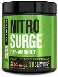 Jacked Factory NITROSURGE Pre Workout Supplement - Endless Energy, Instant Strength Gains, Clear Focus, Intense Pumps - NO Booster & Powerful Preworkout Energy Powder - 30 portioner, Sour Peach Rings
