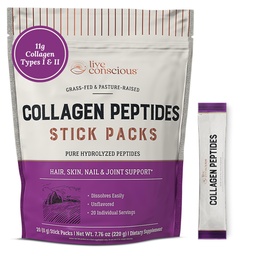Live Conscious Collagen Peptides Powder Unflavored Packets - Hydrolyzed Collagen Powder - Hair, Skin, Nail och Joint Support - Typ I & III Grass-Fed Collagen Supplements for Women and Men - Pack på 20