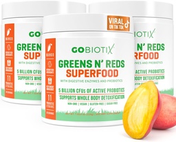 GOBIOTIX Super Greens and Reds Powder - Red and Green Superfood - Probiotisk tillskott - Digestive Enzymes och Beet Root Powder - Organic Whole Foods Dietary Supplement (Mango, 3 Pack)