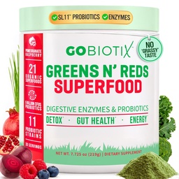 GOBIOTIX Super Greens and Reds Powder - Red and Green Superfood - Probiotisk tillskott - Digestive Enzymes och Beet Root Powder - Organic Whole Foods Dietary Supplement (Pom Raspberry, 1 Pack)
