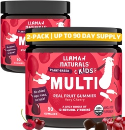 Llama Naturals Kids Multivitamin Gummies, Vegan, Organic med vitamin D, C & K, Toddler Real Fruit Gummy Vitaminer, Chewable Supplement, Whole Food Multivitamin, No Added Sugar Cane, Cherry, 2 Pk