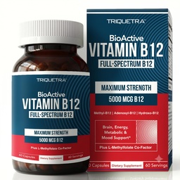 BioActive Vitamin B12 - 5000 mcg, Innehåller 3 BioActive Forms B12 Plus Methylfolate Cofactor - Methyl B12, Adenosyl B12 & Hydroxy B12 | Stöder energi, Metabolism & Mood | Vegan, Non-GMO (60 portioner)