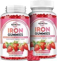 Iron Gummies - med Calcium, Zink, Folate & Vitamin B12, C, B6 för vuxna och barn - Blodbyggare och energistöd för järnbrist, Anemia, Vegan - 2 Pack Strawberry Flavour,60 Gummies
