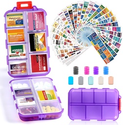 14 Grids Travel Pill Organizer Box med 415-Pcs Medicine Name Labels, Pocket Daily Pharmacy Case Container, Travel Medication Holder Dispenser Kit för Fish Oil Vitamin Supplement Storage -Clear Purple
