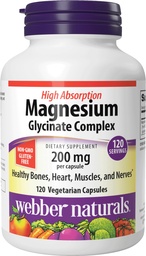 Webber Naturals Magnesium Glycinate Komplex 200 mg, 120 Vegetariska kapslar, Hög Absorption Formel, Stöder Bones, Hjärta, Muskler & Nerves, En-per-Day, Vegan, Ny Label!