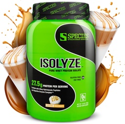 Species Nutrition Isolyze Whey Protein Powder, 100% Whey Isolate för Muscle Building, 27.5g Protein Per Scoop, No Sugar & Low Fat (Caramel Macchiato, 22 portioner)