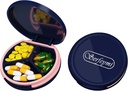 Serfeymi Small Pill Box - 3 Compartments Portable Pill Box för Purse Pocket, Compact Mini Travel Pill Case - Lämplig för medicin, Vitamin, Fish Oil, Supplements - Dark Blue (Logo)