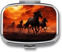 Hästar Red Glowing Clouds Square Pill Box, 2 Compartment Decorative Pocket Pill Box för ficka eller väska Portable Mini Travel Medicine Tablet Vitamin Holder Organizer Pill Case
