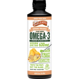 Barleans Ginger Peach Vegan Omega 3 Supplement, Liquid Algae Oil med 630 mg EPA & DHA, Plant Based Omegas från Algal Oil, Non-GMO & Gluten Free, 16 oz