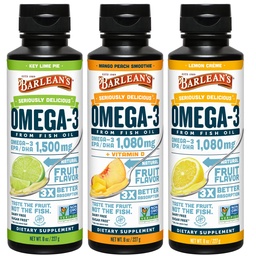 Barleans Omega 3 Fish Oil Liquid Supplement 3-Flavor Variety Pack för män och kvinnor, EPA och DHA Fatty Acid, innehåller Key Lime Pie, Lemon Crème och Mango Peach Flavors, 8 oz