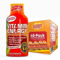 Vitamin Energy Focus+ Extra Strength Energy Shot Fruit Punch 48 Pack, 260mg Natural Caffeine, B-Vitamins, CoQ10, Aminosyror, Fokus, Produktivitet & Clarity, Zero Sugar, Gluten-Free, 1,93 fl oz