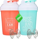 [2 Pack] 20-Ounce Shaker Bottle med motiverande citat (Coral & Mint) | Protein Shaker Bottle med Mixer Agitators | Blender Shaker Bottle för Protein Mixes Pack är BPA Free och Dishwasher Safe