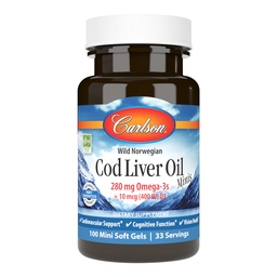 Carlson - Cod Liver Oil Minis, 280 mg Omega-3s + Vitaminer A & D3, Heart Support & Cognitive Function, Vision Health, 100 Mini Softgels