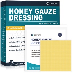 Honey Gauze Wound Dressing, 4 "x 4" Manuka Honey Wound Care, Medical Grade Honey Bandages for Wound Care, Honey Patch for Faster Healing from Burns, Abrasions, Cuts and Scalds (Pack of 10)