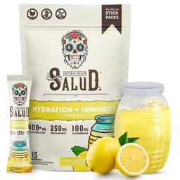 Salud 2-i-1 Hydration Packets + Immunity Electrolytes Powder, Lemonade - Agua Fresca Drink Mix, Elderberry, Dairy & Soy Free, Non-GMO, Gluten Free, Vegan, Low Calorie, 1g Sugar (15 portioner)