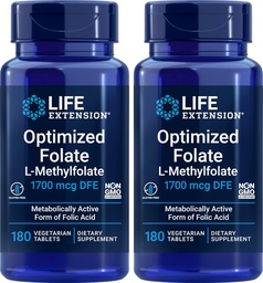 Life Extension Optimized Folate (L-Methylfolate) 1700 mcg DFE, 180 Veg Tablets (Pack of 2)