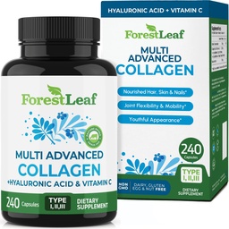 ForestLeaf Multi Collagen Pills - Collagen Män & Collagen Kvinnor - Hydrolyserade Kollagentillskott med vitamin C & Hyaluronsyra - Kollagenkapslar för hår, hud och naglar (240 Peptide kapslar)