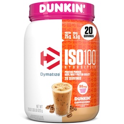 Dymatize x Dunkin' Cappuccino ISO100 Whey Protein Powder, 95mg koffein, 25g Protein5.5g BCAAs, 120 Cal., Gluten Free, 1g Fat, 1g Sugar, 2g Carb (20 portioner)