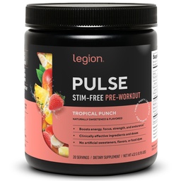 LEGION Pulse Pre Workout Supplement - All Natural Nitric Oxide Preworkout Drink för att öka energi, kreatinfri, naturligt sötad, Beta Alanine, Citrulline, Alpha GPC (Caffeine Free Tropical Punch)