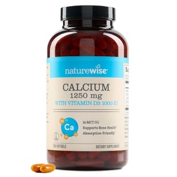 NatureWise High-Purity, All-Natural Calcium 1250mg + Vitamin D3 1000IU + Organic MCT Coconut Oil - Graviditet Säker + Non-GMO - Absorption Friendly, Gluten Free - 200 Softgels[100-dagars leverans]