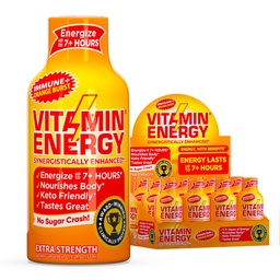 Vitamin Energy Immune+ Extra Strength Energy Shot Orange Burst 12 Pack, 260mg Natural Caffeine, B-Vitaminer, Citicoline, Green Tea, Immunity & Focus Support, Zero Sugar, Gluten-Free 1,93 fl oz