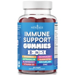 NEW AGE 8 i 1 Immune Support Booster Supplement med Elderberry, Vitamin C och Zink 50mg, Vitamin D 5000 IE, Quercetin & Bromelain (8 i 1 Gummies (Pack av 1))