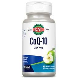 KAL CoQ10 30mg, Antioxidant Formel, CoEnzyme Q10 Supplement för hjärthälsa och cellulär energisupport, Fast-Dissolving ActivMelts, Vegetarian, Natural Green Apple Flavor, 90 Serv, 90 Micro tabletter