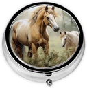 Pill Case med Mirror Retro 3 Compartment Pill Box Animals Embroidery Paintings Horses Small Pill Organizer för handväska eller Pocket Decorative Metal Medicine Vitamin Organizer Unique Gifts
