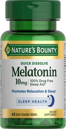 Naturens Bounty Melatonin, 100% Drug Free Sleep Aid, Dietary Supplement, främjar avkoppling och sömnhälsa, 10mg, 45 Snabbupplösta tabletter