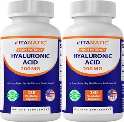 Vitamatic 2 Pack Hyaluronic Acid Supplements 200mg - Stöder Hälsosam Koppling och Joints - Främja ungdomlig Hälsosam hud - Totalt 240 kapslar