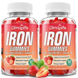 Järngummies för kvinnor, män och barn, sockerfri järntillskott med kalcium, Zink, folat och vitamin B12, C, B6 - för blodbyggnad och energistöd, Anemi, jordgubbar, 120 greve