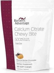 Bariatric Advantage Calcium Citrate Chewy Bites 500 mg - Högt absorberbar & Digestible - Vitamin D3 - Easily Chewable Calcium Supplement - jordnötssmör Choklad - 90 greve