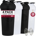 GOMOYO 4-Pack - 28 Ounce Protein Shaker Bottle för blandningar, 4xWire Whisk, Leak Proof Bulk Supplement Mixes och Pre-Workout Shaker Cups, Dishwasher Safe & BPA Free, Black & White
