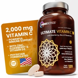 OmniBiotics Ultimate Vitamin C Supplement 2000mg - med Zink, Elderberry Extract och D3 - High Potency Immune Support & Collagen Booster - 120 Vegan tabletter
