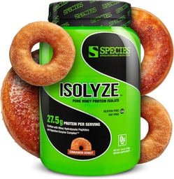 Species Nutrition Isolyze Whey Protein Powder, 100% Whey Isolate för Muscle Building, 27.5g Protein Per Scoop, No Sugar & Low Fat (Cinnamon Donut, 22 portioner)