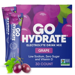 GoHydrate Instant Hydration Powder Packets - Low Sodium Electrolytes Drink Mix - Natural Hydration Support, Sugar Free Electrolyte Flavored Powder Drink med vitamin D, 30 Pack, Grape