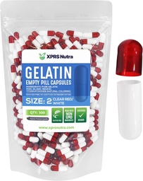 XPRS Nutra Size 2 Empty Capsules - 500 greve Empty Gelatin Capsules - Pills DIY Capsule Filling - Pure Bovine Pill Gel Caps for Do-It-Yourself Supplements (Clear Red/White)