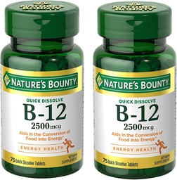 Naturens Bounty Vitamin B12 2500 mcg, Cellular Energy Support, för energi Metabolism, Hjärt & Nervous System Health, 75 Quick Dissolve Tablets (Pack of 2)