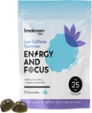 Breakroom Labs Energy and Focus Gummies – Low Caffeine 25mg w/L-Theanine, Lions Mane, Vitamin B12 – Nootropic Brain Supplement for Adults, Kids - Vegan, Low Sugar, Blue Raspberry Flavor, 15 Servings
