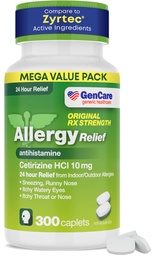 GenCare - Cetirizin HCL 10 mg (300 Caplets) - 24 timmars allergi lindring piller - Non Drowsy Generic OTC Allergy Medication - Antihistamine Medicine för Sneezing, Runny Nose & Itchy Eyes - Generisk Zyrtc