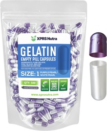 XPRS Nutra Size 1 Empty Capsules - 500 greve Empty Gelatin Capsules - Pill DIY Capsule Filling - Pure Bovine Pill Gel Caps for Do-It-Yourself Supplements (Pearl Purple/White)
