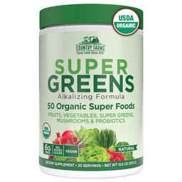 Country Farms Organic Super Greens Natural Flavor, 50 Organic Super Foods, Packad med Fiber, USDA Organic Drink Mix, Frukt, Grönsaker, Svamp & Probiotika, Stöder Energi, 6g Fiber