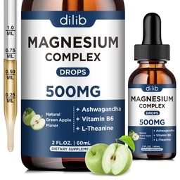 Triple Magnesium Complex Supplement-Magnesium Glycinate, Citrate, Malate Liquid Drops 500mg med Ashwagandha, L-Theanine, B6 för lugn, stressavlastning, sömn, muskelstöd-gröna Apple Flavor